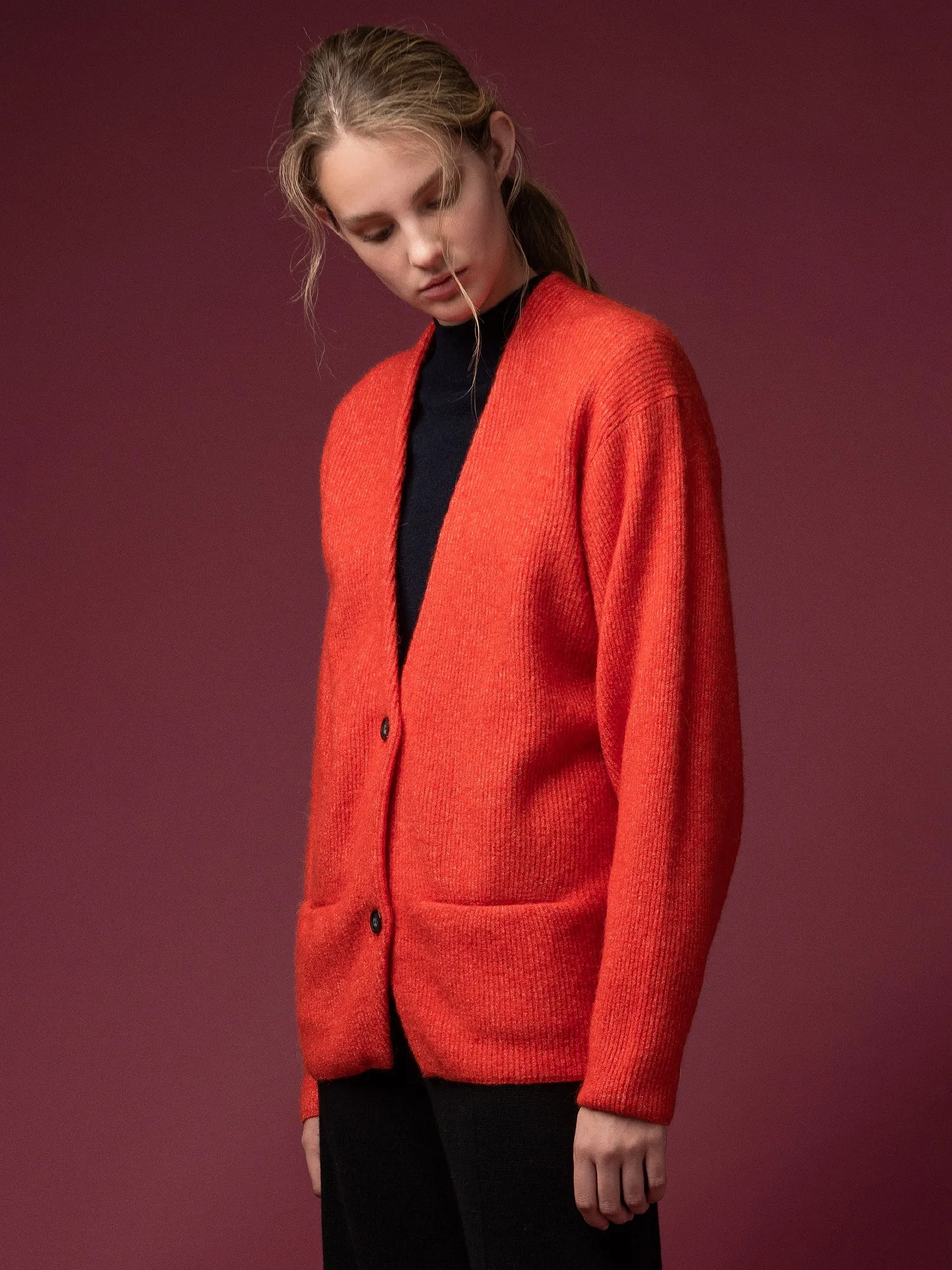 Alpaca Curved Sleeve Cardigan_Red Orange