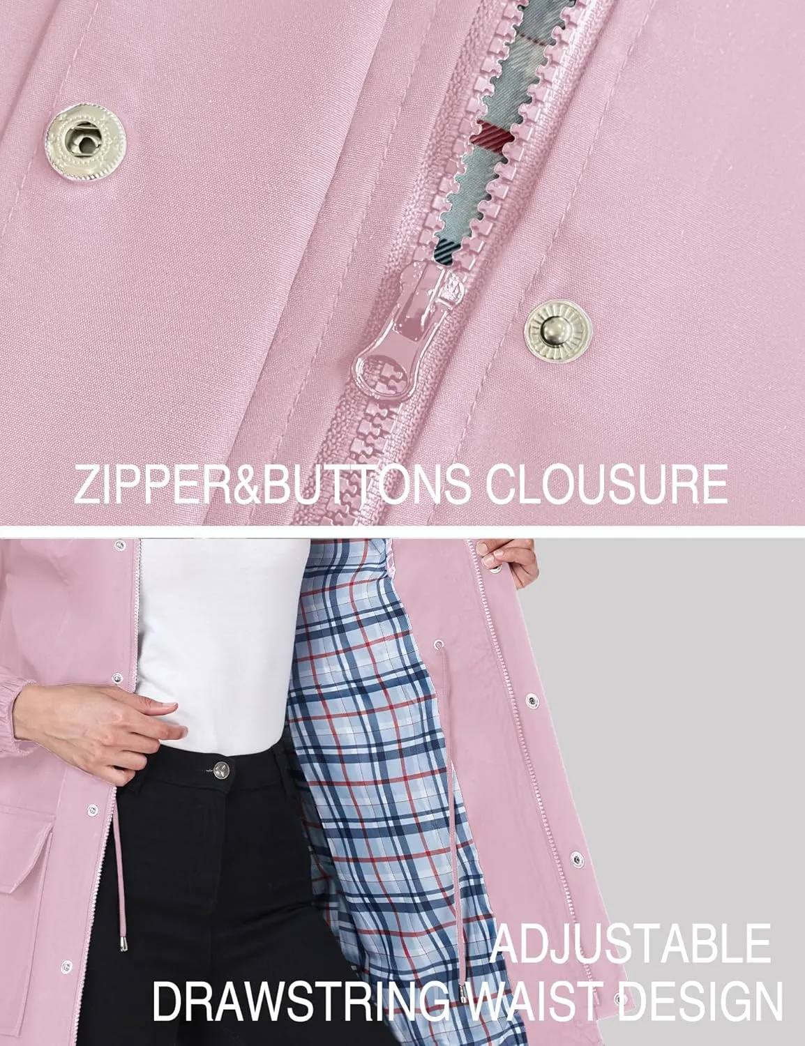 Bloggerlove Rain Jacket Women Lightweight Raincoats Outdoor Waterproof Windbreaker Hooded Plaid Lined Trench Coat S-XXL