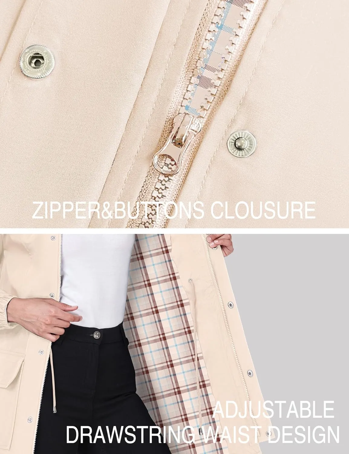 Bloggerlove Rain Jacket Women Lightweight Raincoats Outdoor Waterproof Windbreaker Hooded Plaid Lined Trench Coat S-XXL
