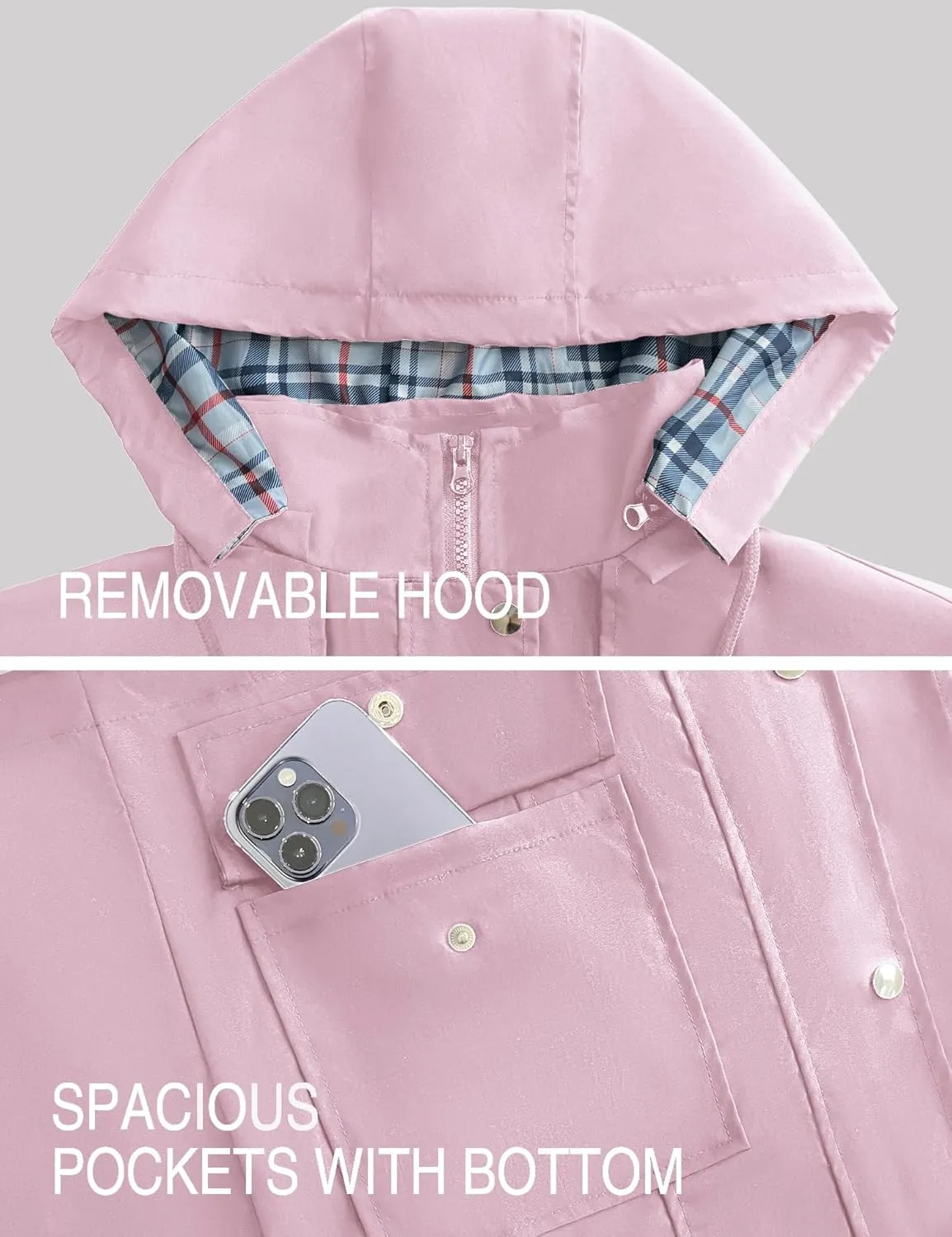 Bloggerlove Rain Jacket Women Lightweight Raincoats Outdoor Waterproof Windbreaker Hooded Plaid Lined Trench Coat S-XXL