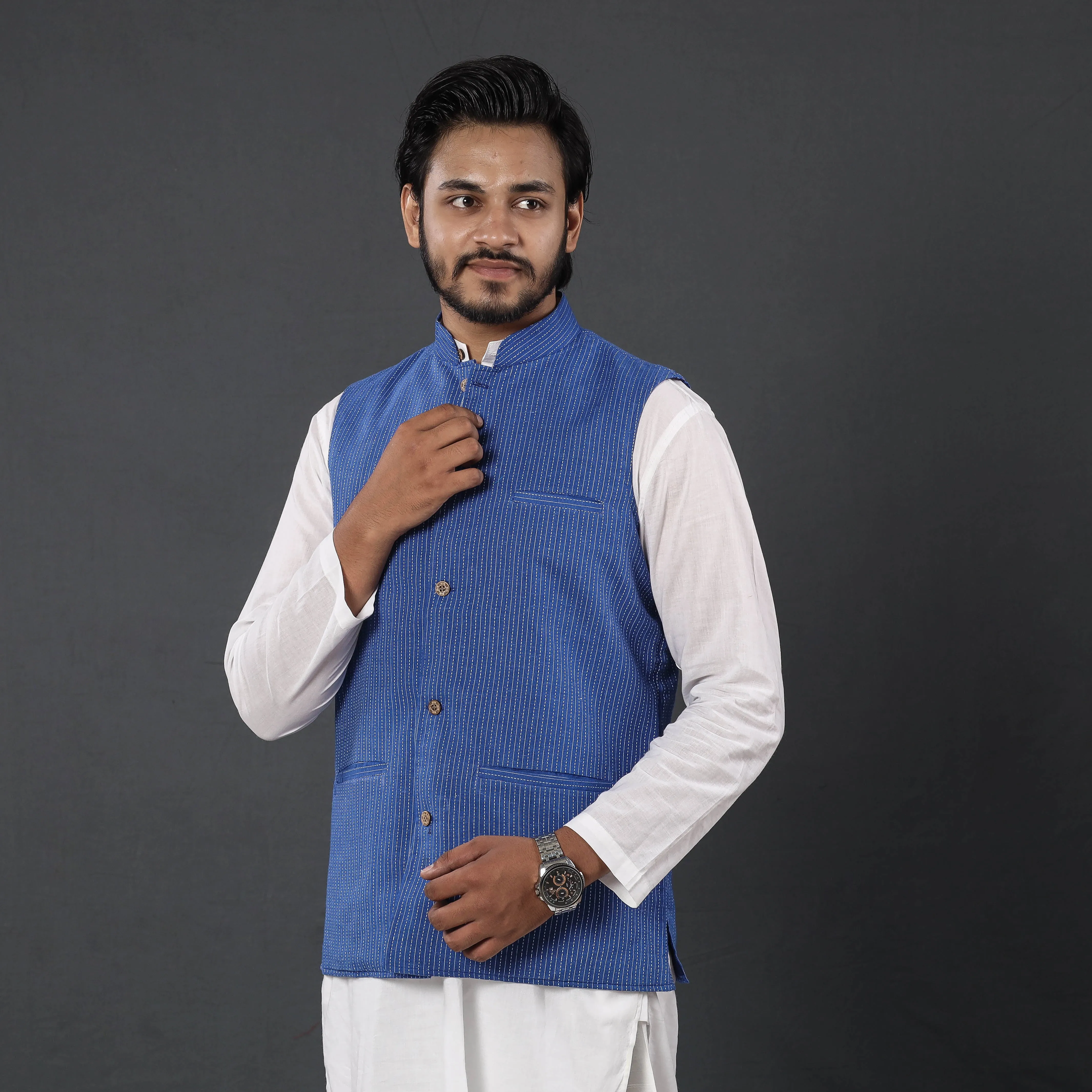 Blue - Running Stitch Pure Cotton Men Nehru Jacket 19