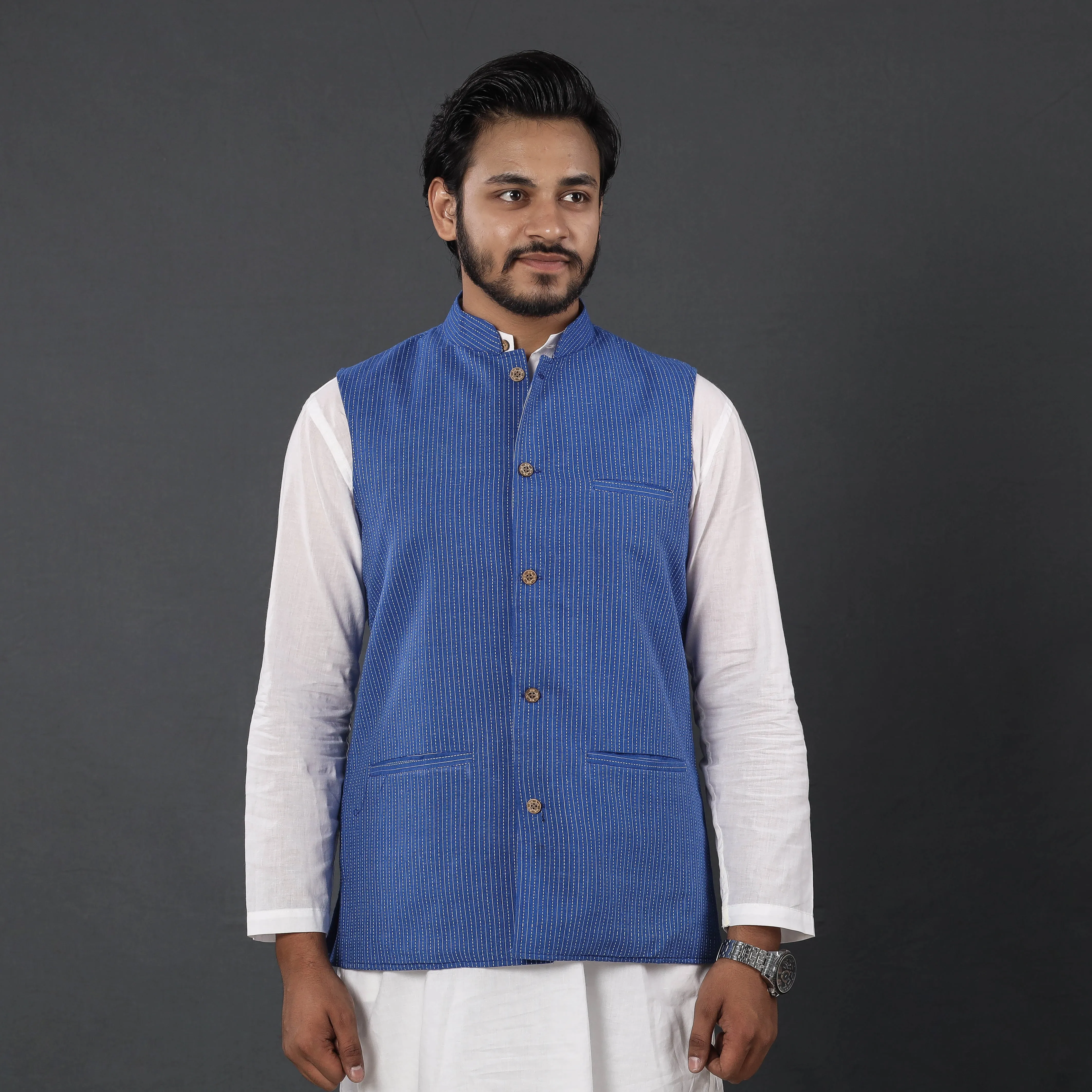Blue - Running Stitch Pure Cotton Men Nehru Jacket 19