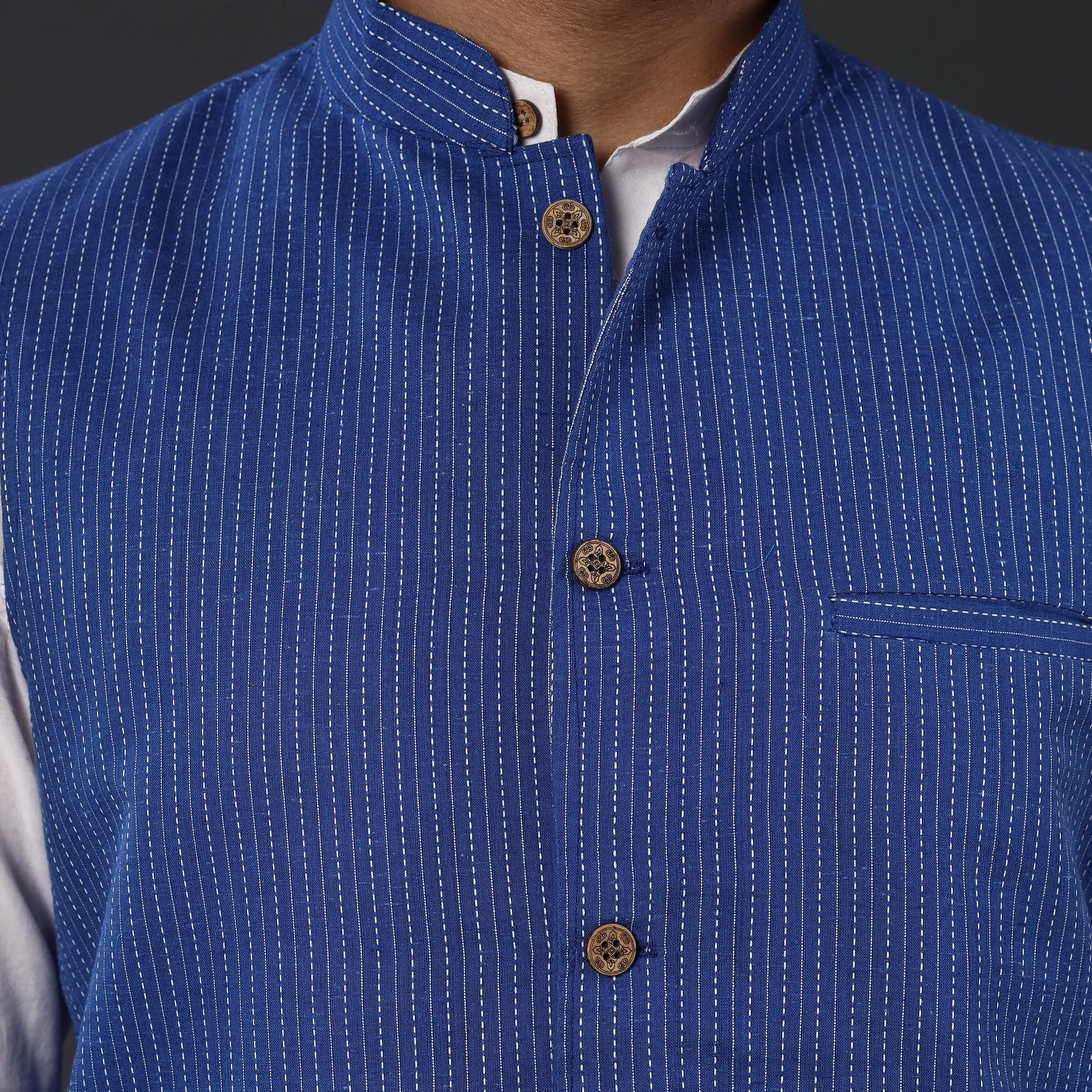 Blue - Running Stitch Pure Cotton Men Nehru Jacket 19