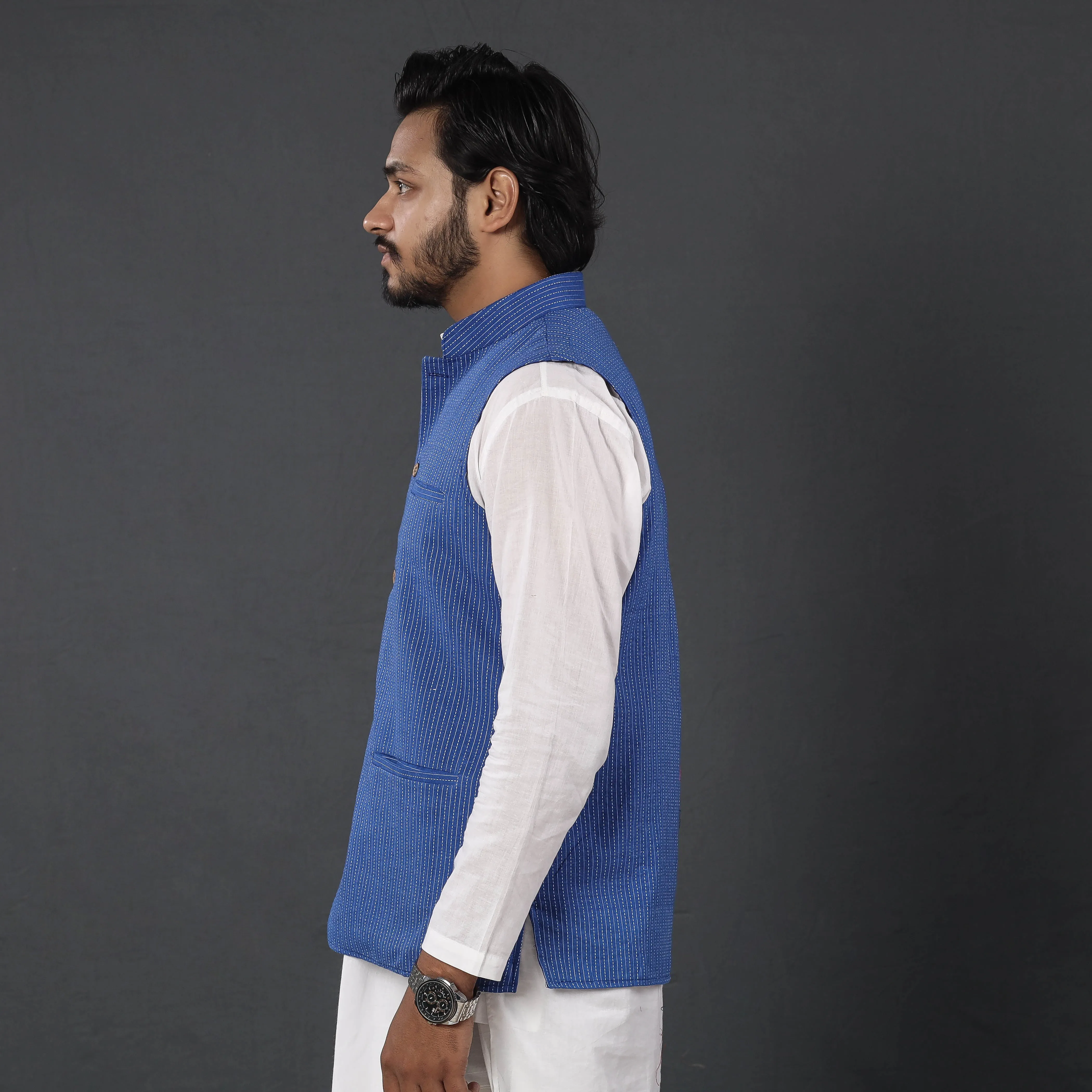 Blue - Running Stitch Pure Cotton Men Nehru Jacket 19