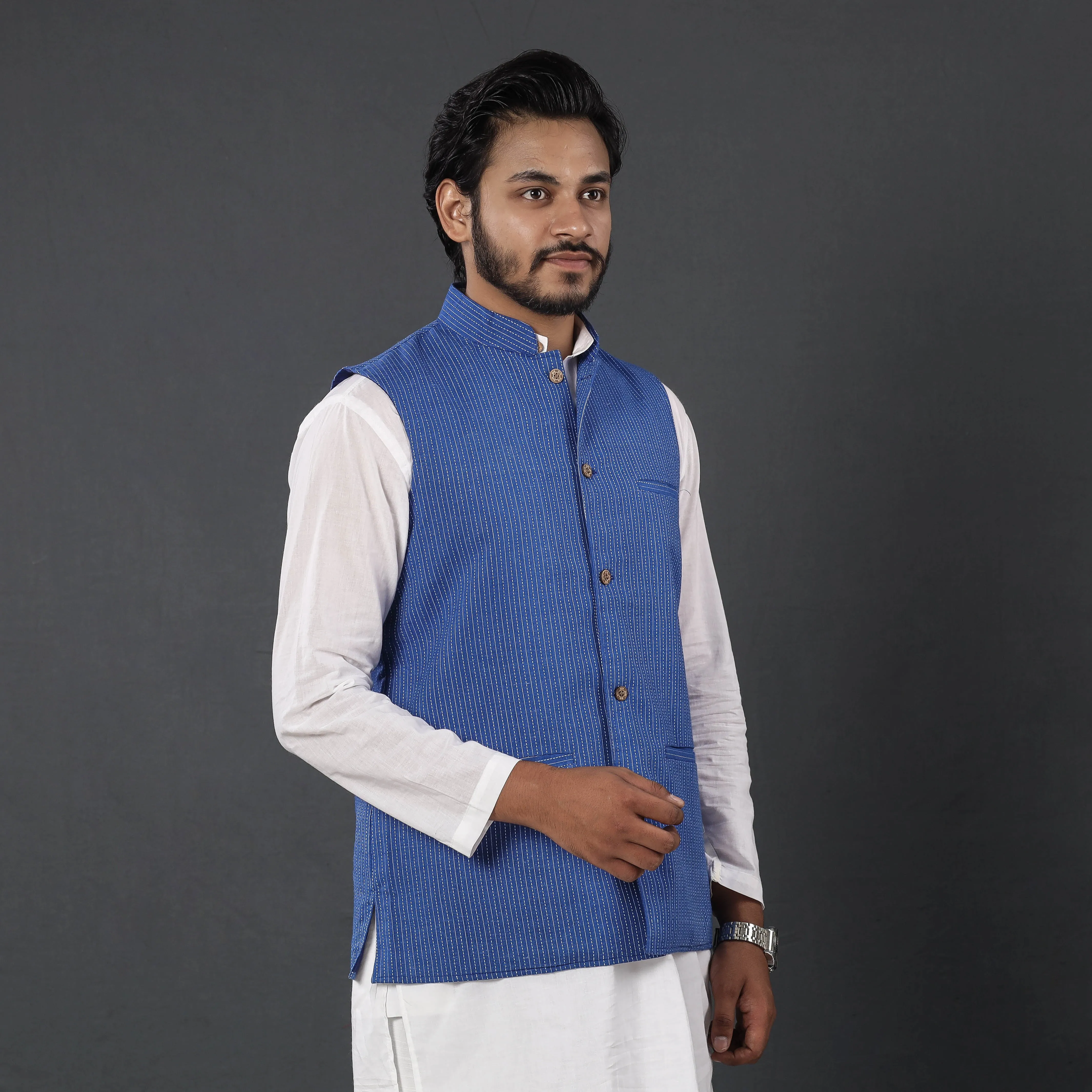Blue - Running Stitch Pure Cotton Men Nehru Jacket 19