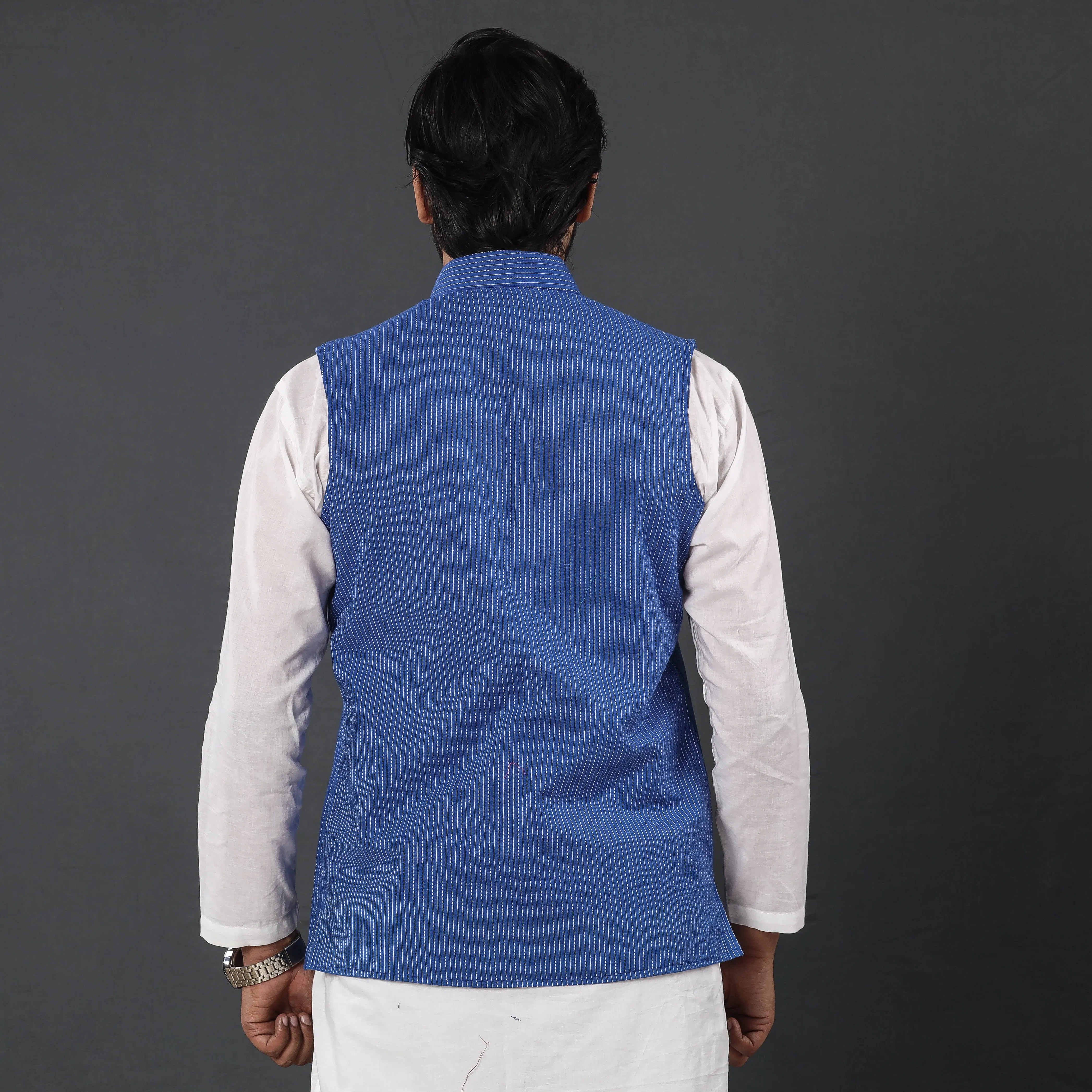 Blue - Running Stitch Pure Cotton Men Nehru Jacket 19