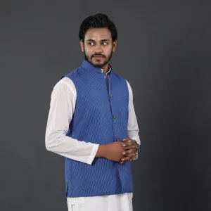 Blue - Running Stitch Pure Cotton Men Nehru Jacket 19