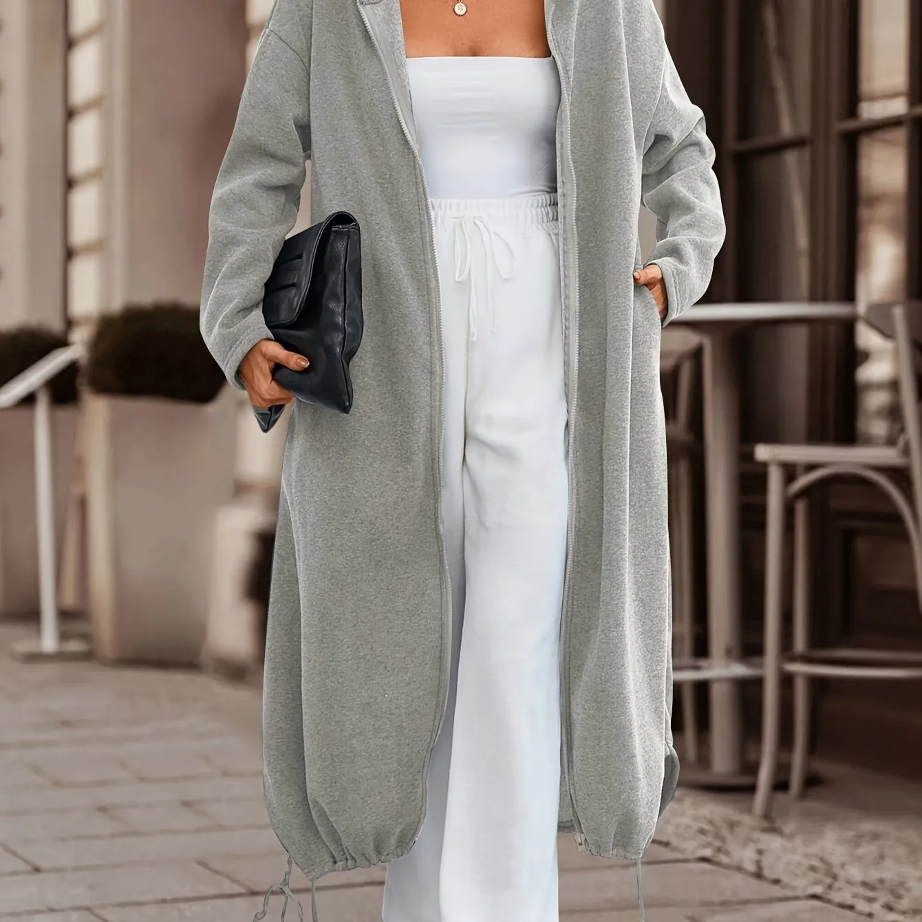 Chic Womens Zippered Hoodie Coat - Adjustable Drawstring, Mid-Calf Length, Comfy Long Sleeves - Fashionable Casual Outerwear for Everyday Style