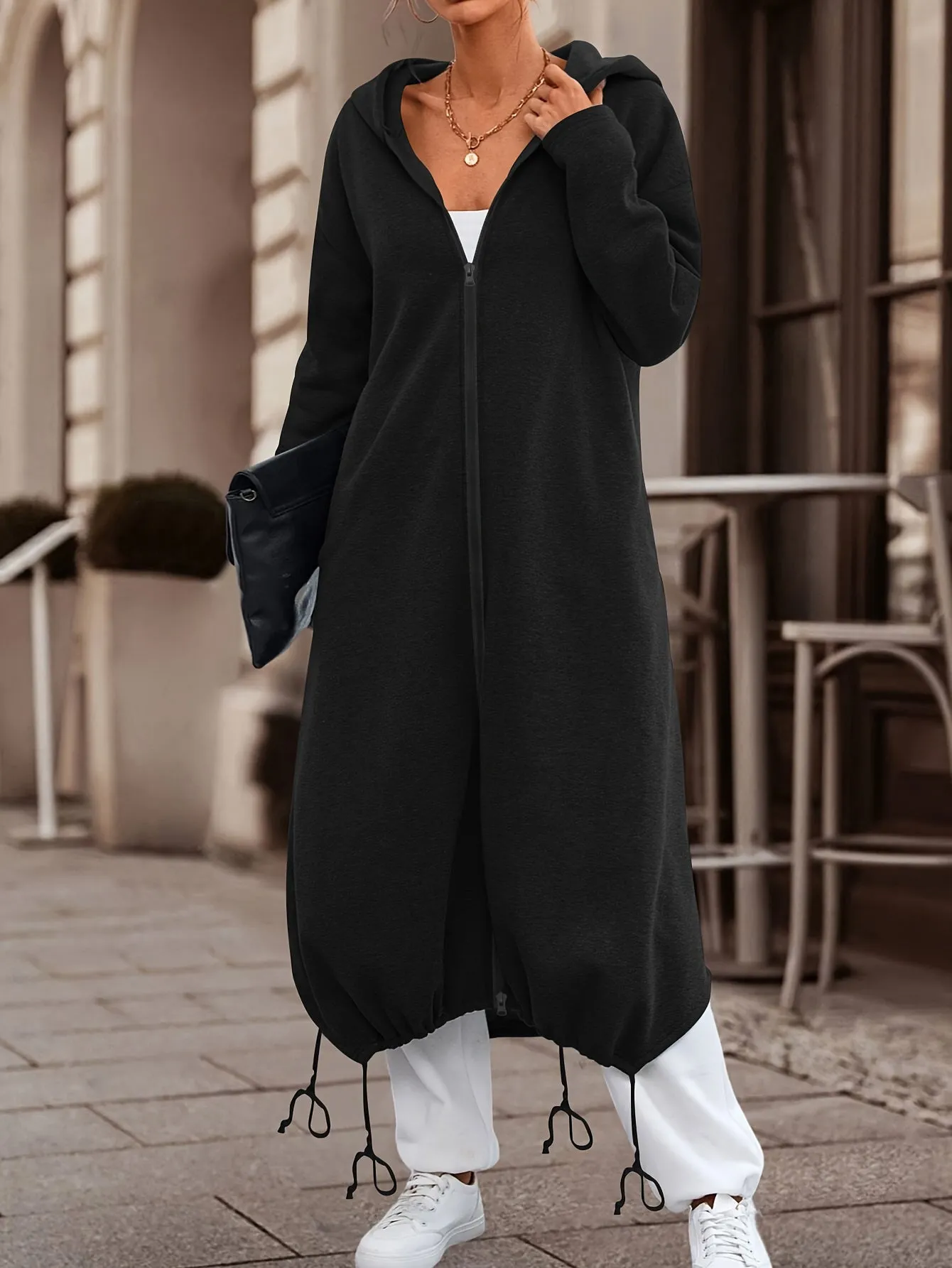 Chic Womens Zippered Hoodie Coat - Adjustable Drawstring, Mid-Calf Length, Comfy Long Sleeves - Fashionable Casual Outerwear for Everyday Style