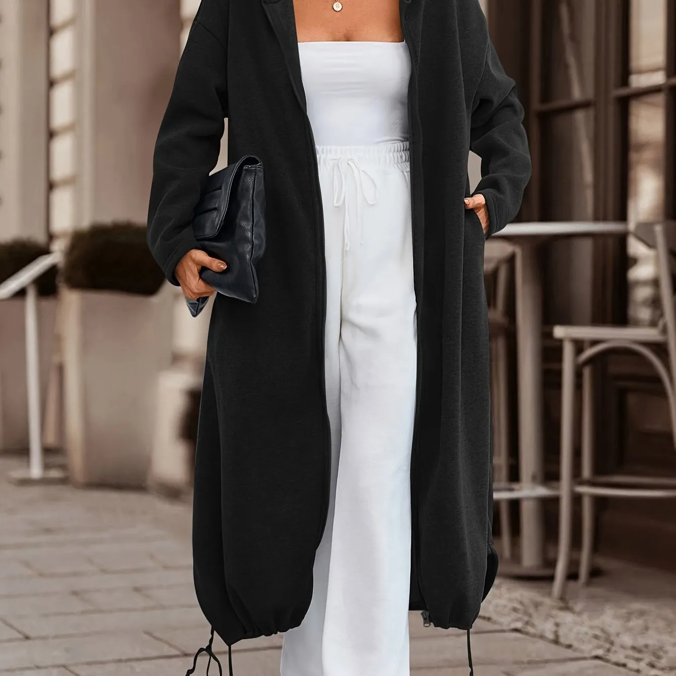 Chic Womens Zippered Hoodie Coat - Adjustable Drawstring, Mid-Calf Length, Comfy Long Sleeves - Fashionable Casual Outerwear for Everyday Style