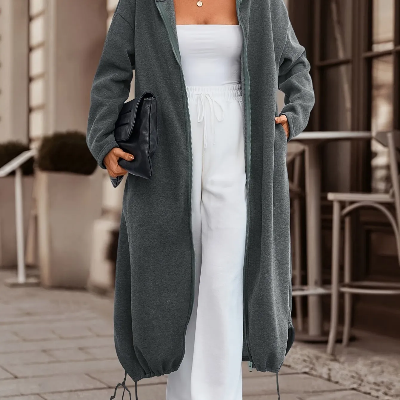 Chic Womens Zippered Hoodie Coat - Adjustable Drawstring, Mid-Calf Length, Comfy Long Sleeves - Fashionable Casual Outerwear for Everyday Style