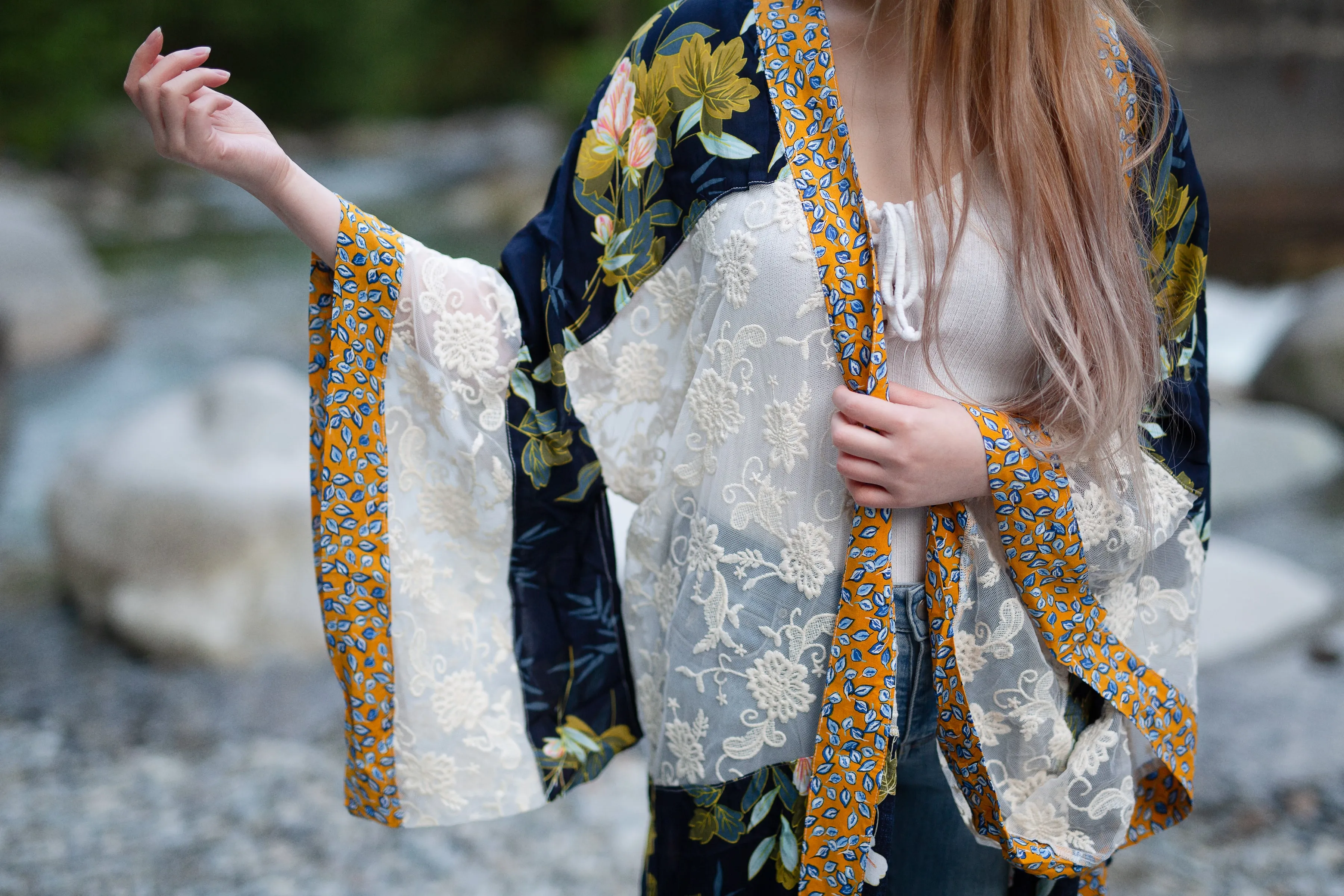 Dusk Floral Print and Lace with Kimono Sleeves