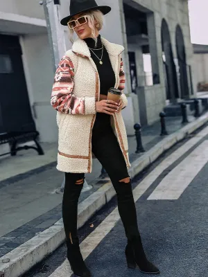 Grainy Lapel Colorblock Zipper Plush Coat