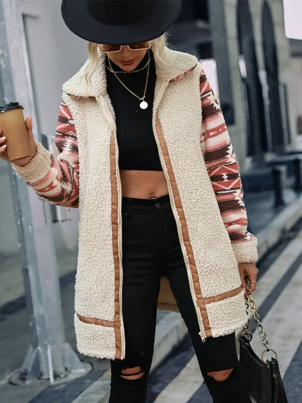 Grainy Lapel Colorblock Zipper Plush Coat