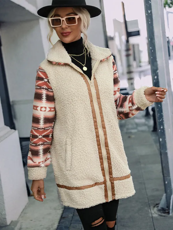 Grainy Lapel Colorblock Zipper Plush Coat