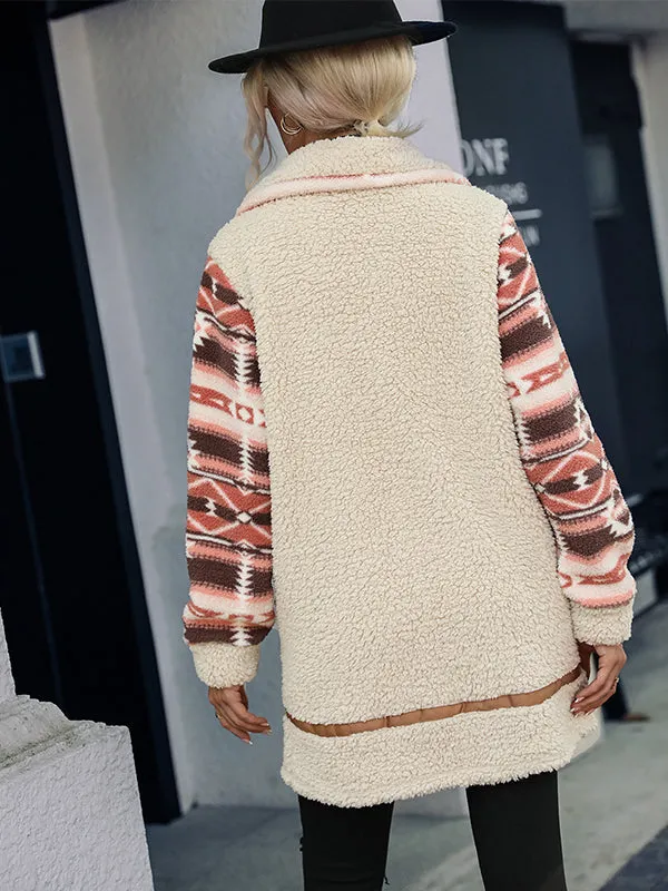 Grainy Lapel Colorblock Zipper Plush Coat