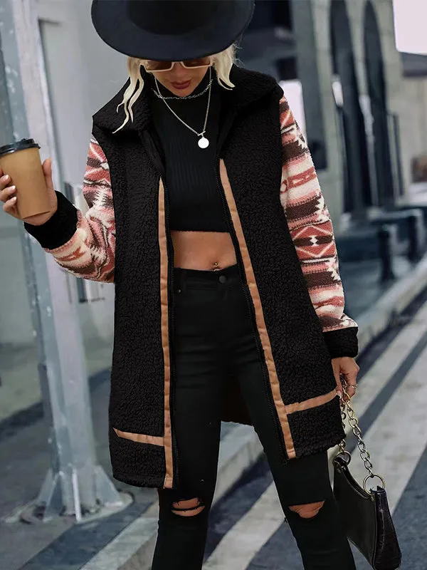 Grainy Lapel Colorblock Zipper Plush Coat
