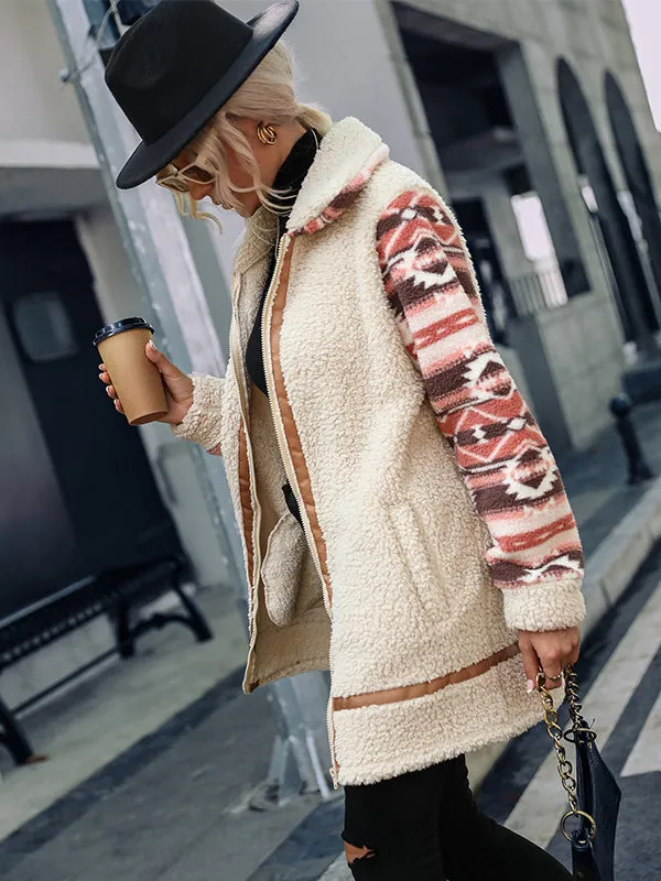 Grainy Lapel Colorblock Zipper Plush Coat