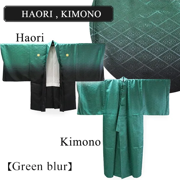 Men's Formal Kimono, Haori, and Hakama 12-Piece FULL Set ＜Green blur＞