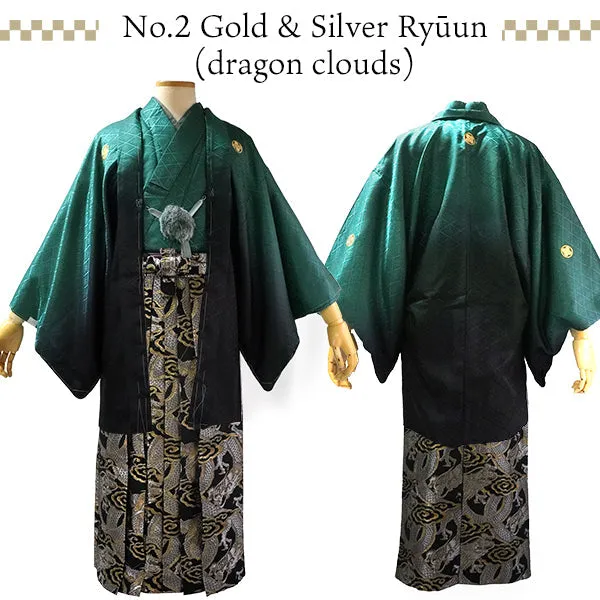 Men's Formal Kimono, Haori, and Hakama 12-Piece FULL Set ＜Green blur＞