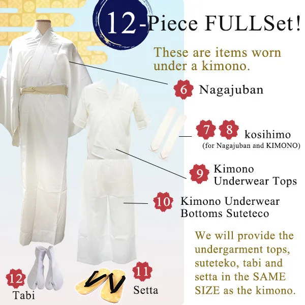 Men's Formal Kimono, Haori, and Hakama 12-Piece FULL Set ＜Green blur＞