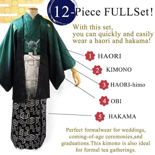 Men's Formal Kimono, Haori, and Hakama 12-Piece FULL Set ＜Green blur＞
