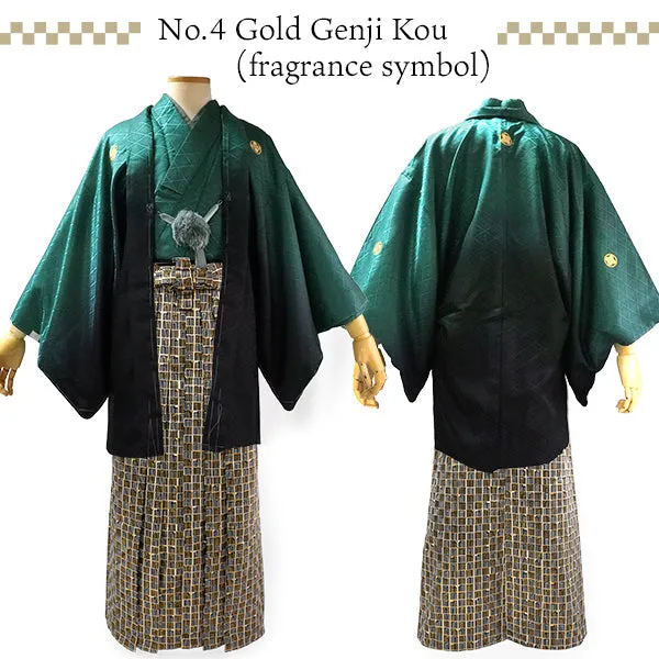 Men's Formal Kimono, Haori, and Hakama 12-Piece FULL Set ＜Green blur＞
