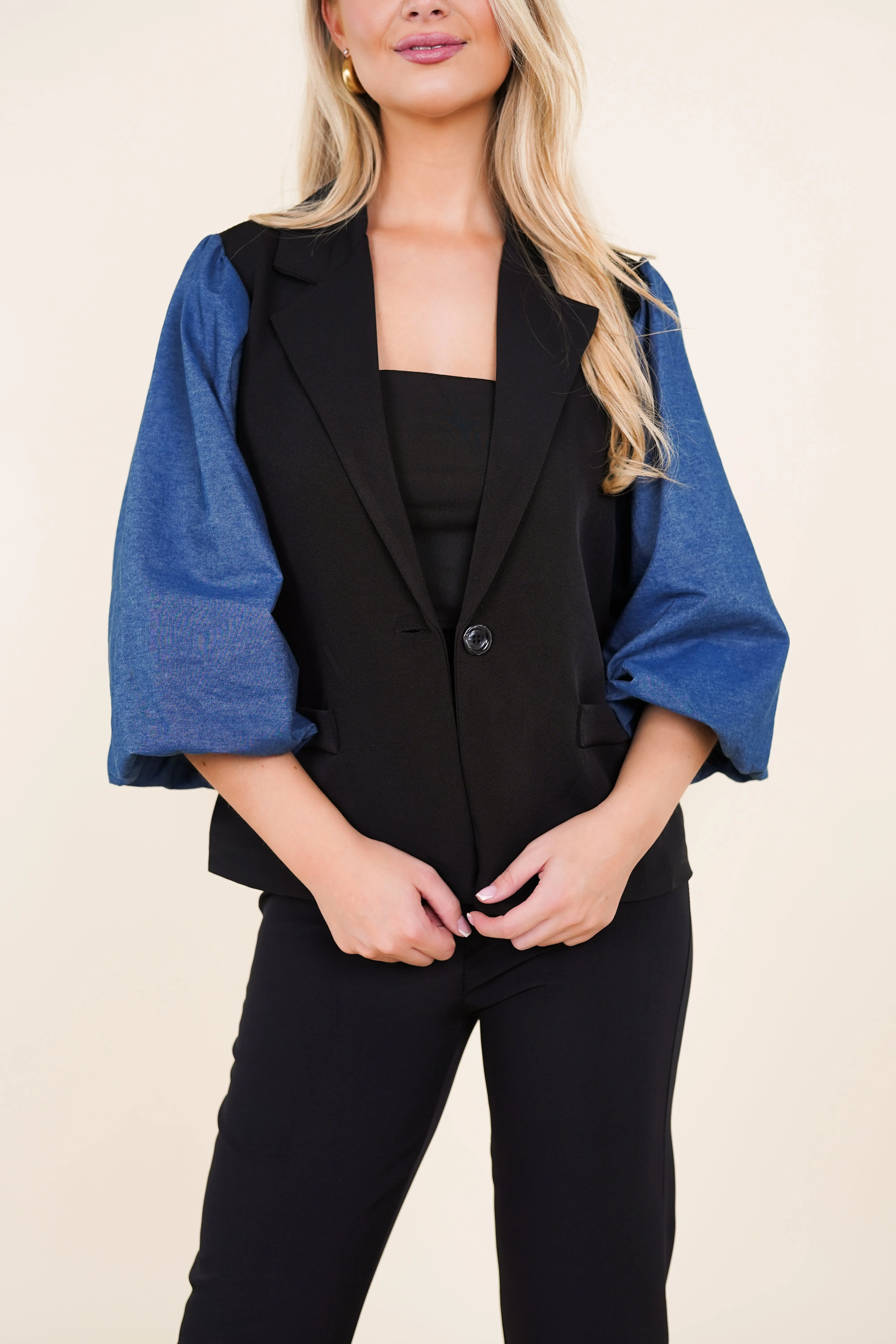 Oversized blazer met denim pofmouwen zwart - Suzie