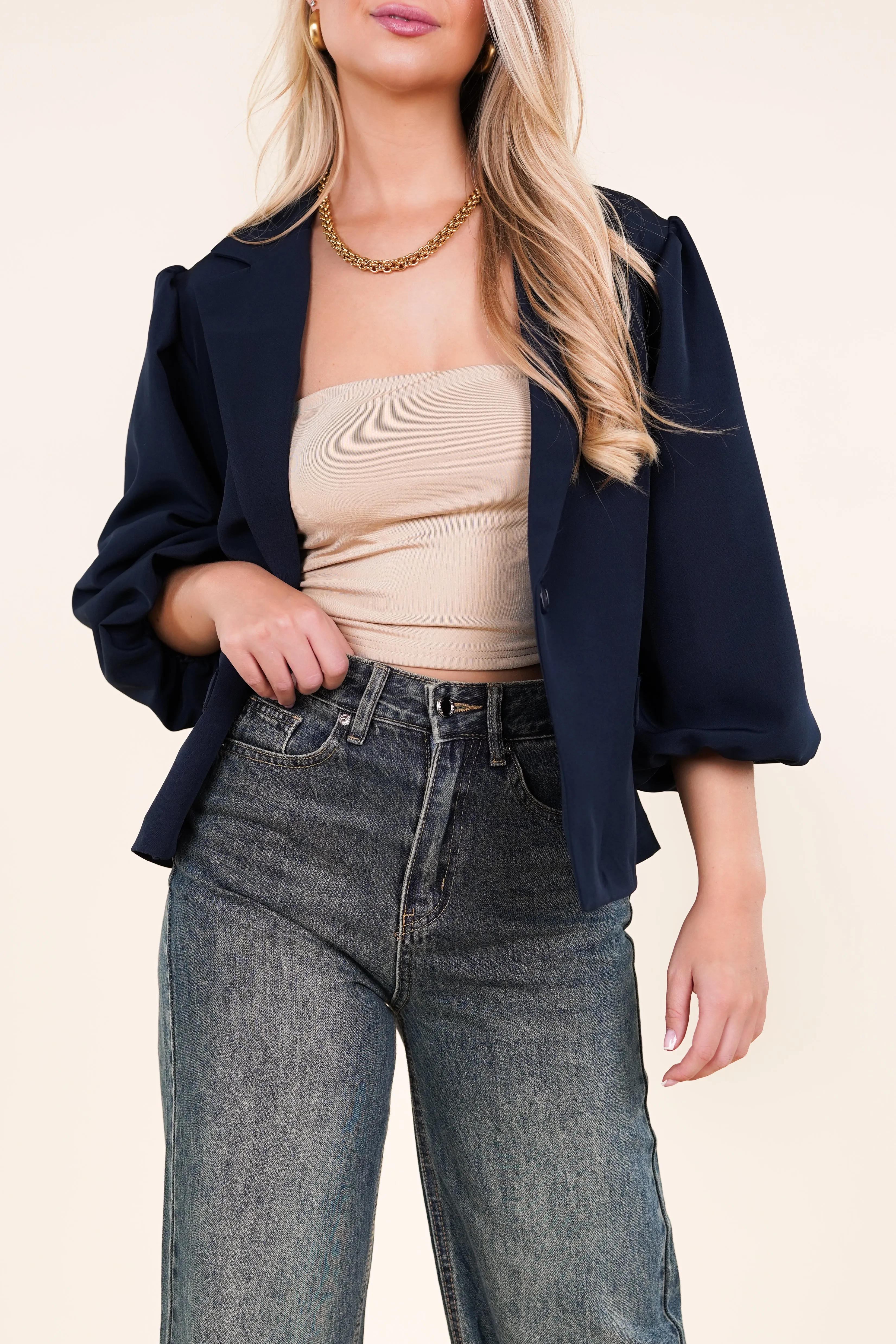Oversized blazer met pofmouwen donkerblauw - Darcy