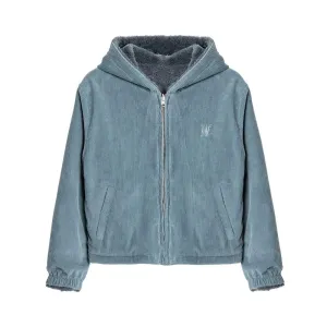 Reversible fleece crop hood zip-up charcoal   blue