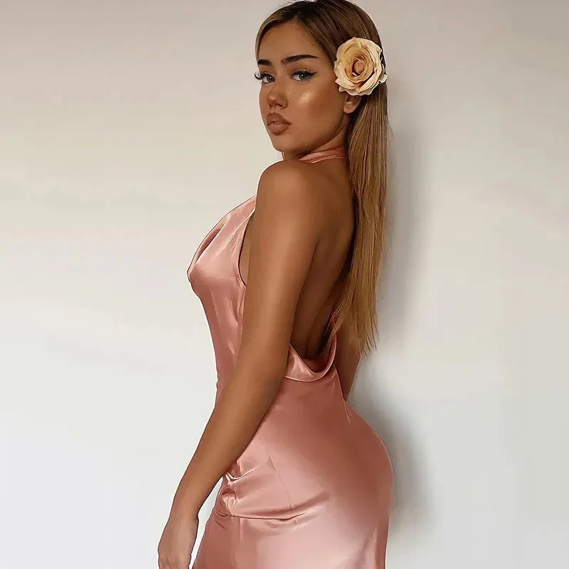 SHP Pink Satin  Backless Halter Neck Party Dress