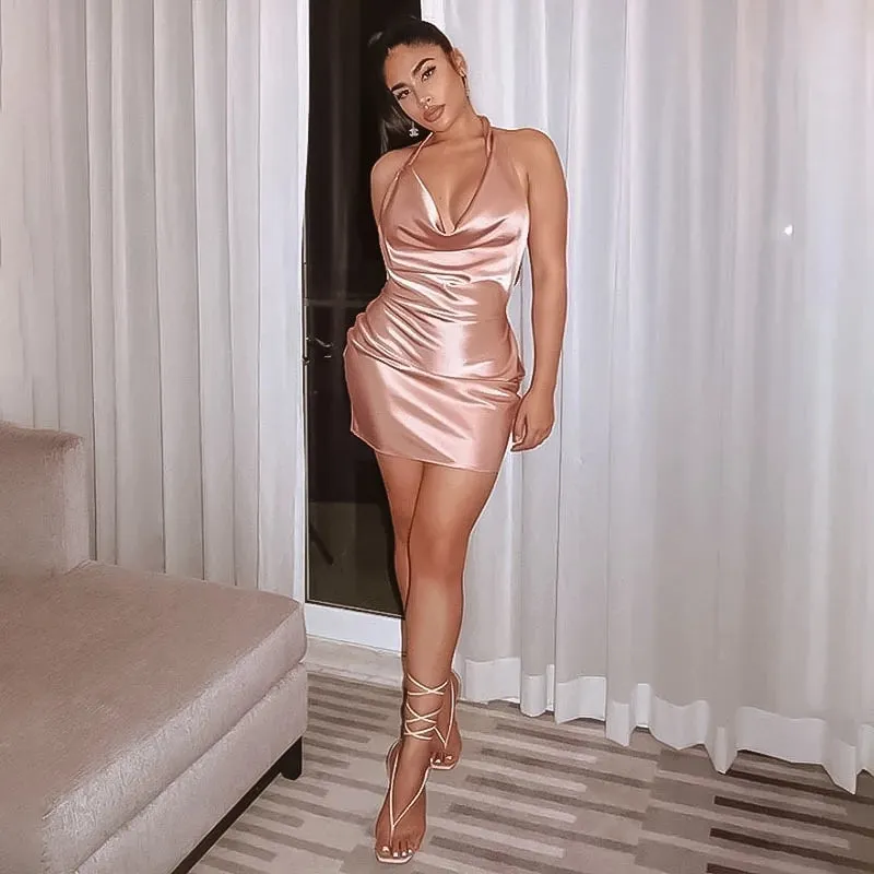 SHP Pink Satin  Backless Halter Neck Party Dress