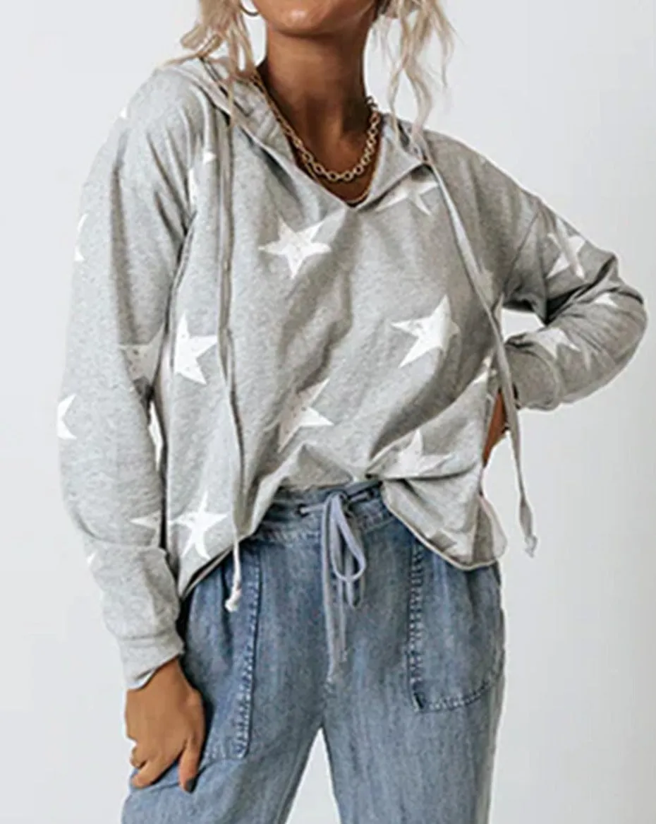 Star Raw Edge Drawstring Hoodie