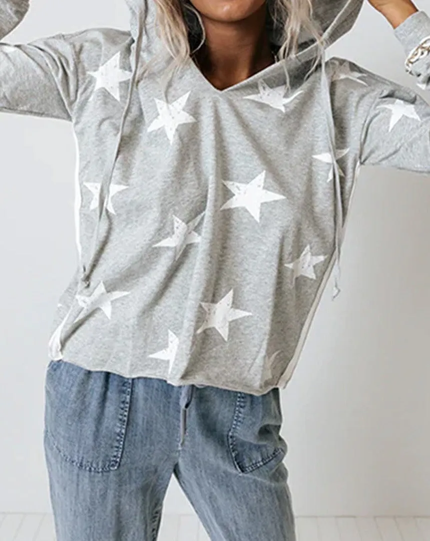 Star Raw Edge Drawstring Hoodie