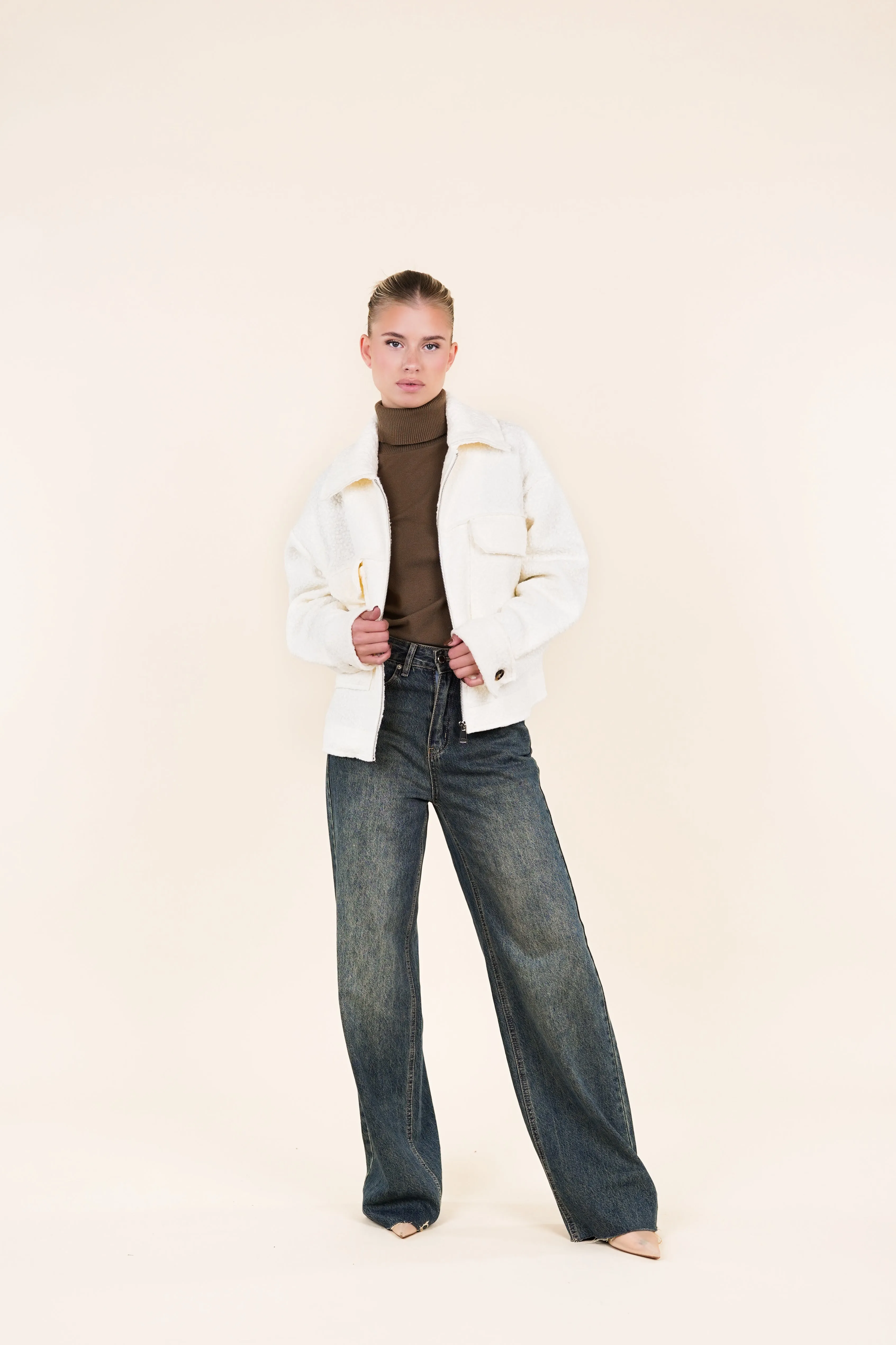 Teddy bomber jacket met rits off white - Xaja