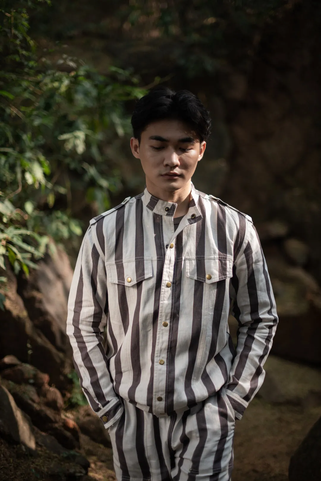 The Terra Tribe Grey Linen Twill Stripes Country Oversized Jacket for Men