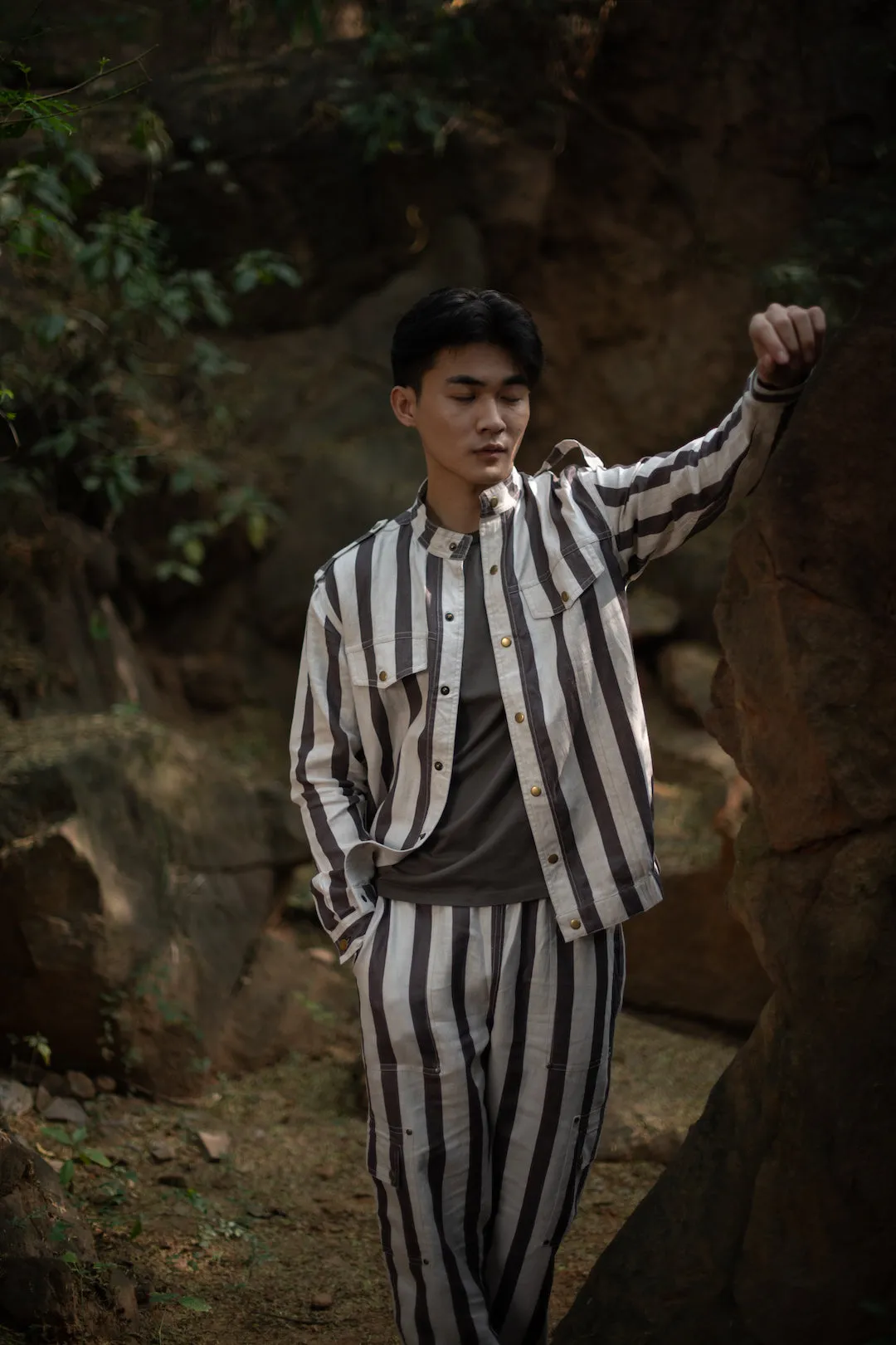The Terra Tribe Grey Linen Twill Stripes Country Oversized Jacket for Men