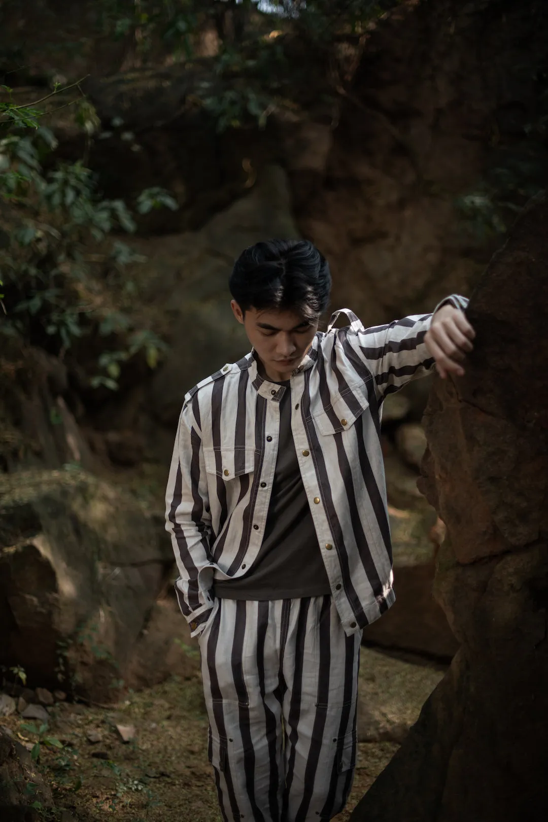 The Terra Tribe Grey Linen Twill Stripes Country Oversized Jacket for Men