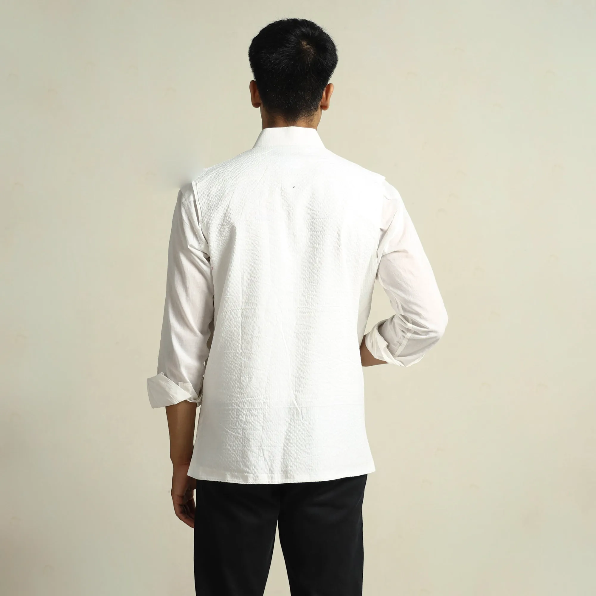 White - Running Stitch Pure Cotton Men Nehru Jacket 21