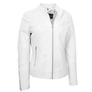 Womens Genuine Leather Biker Jacket Zip Casual Naomi White