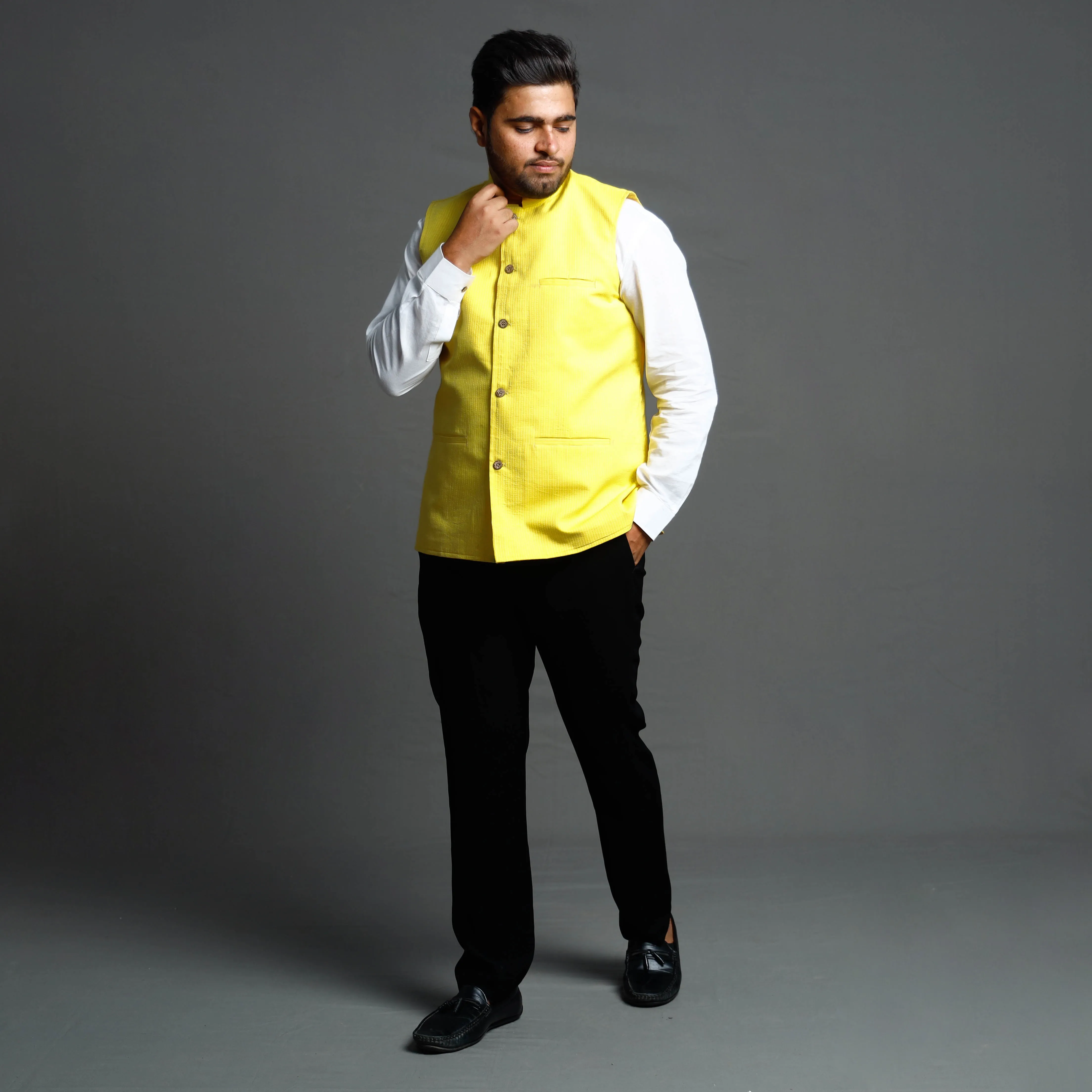 Yellow - Running Stitch Pure Cotton Men Nehru Jacket 18