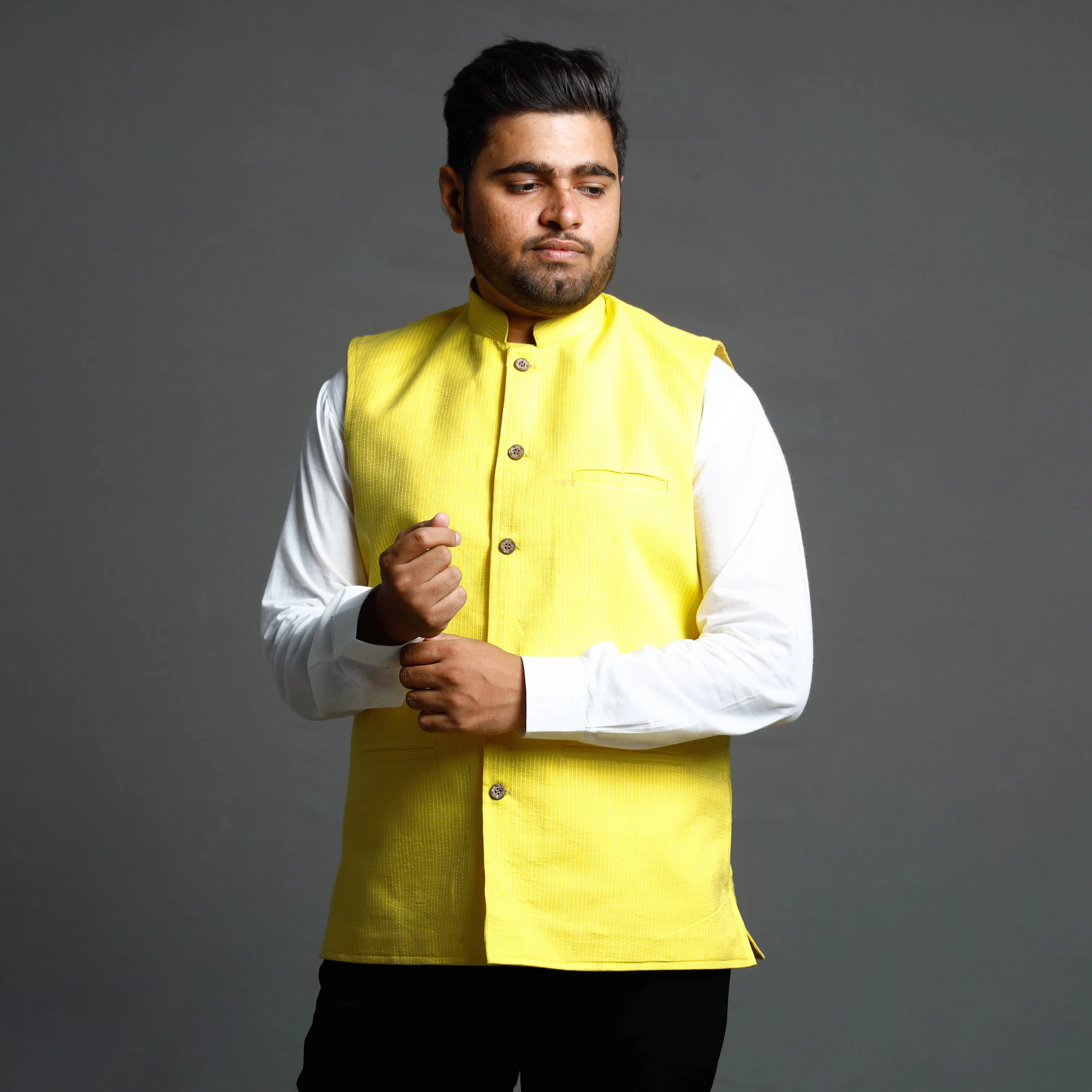 Yellow - Running Stitch Pure Cotton Men Nehru Jacket 18