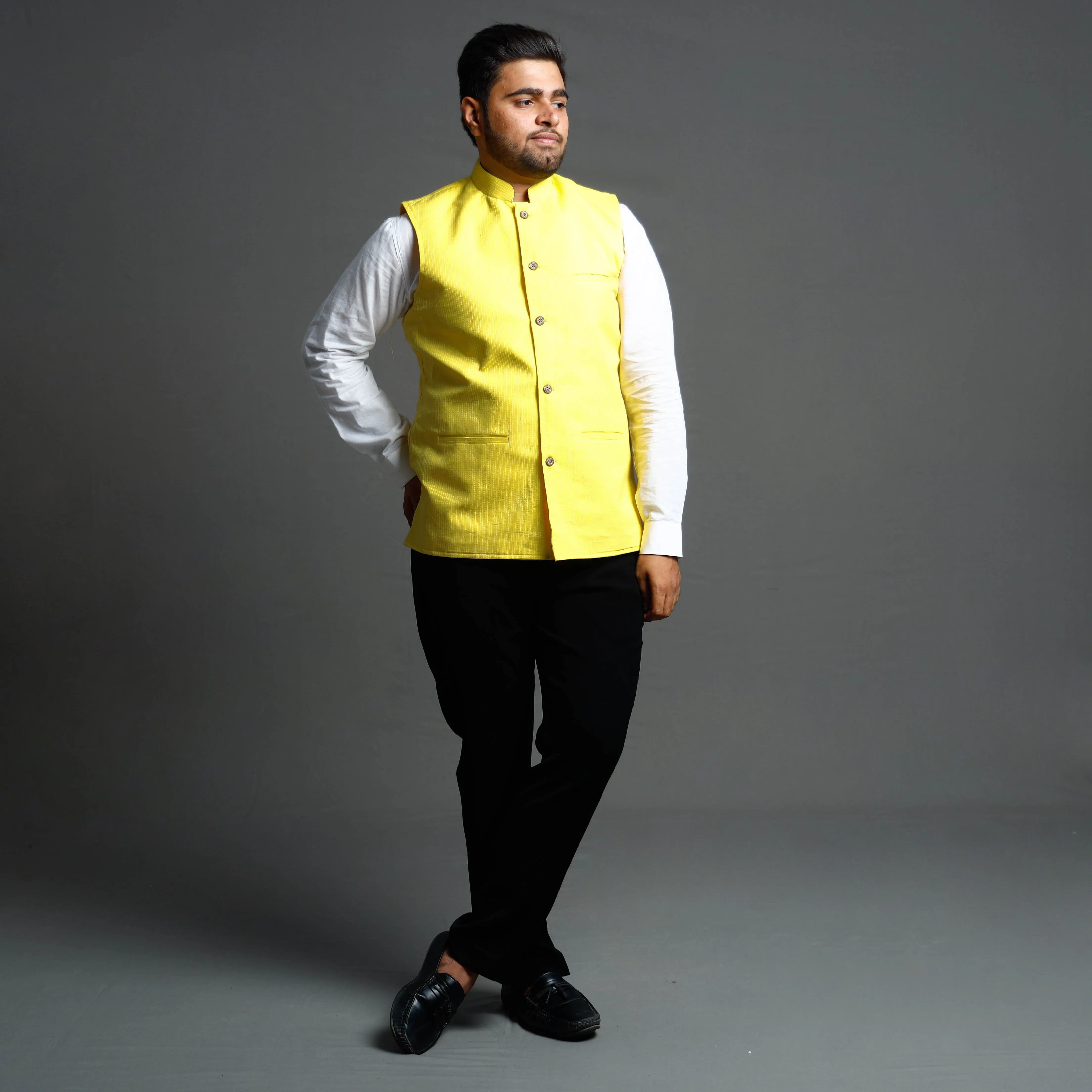 Yellow - Running Stitch Pure Cotton Men Nehru Jacket 18