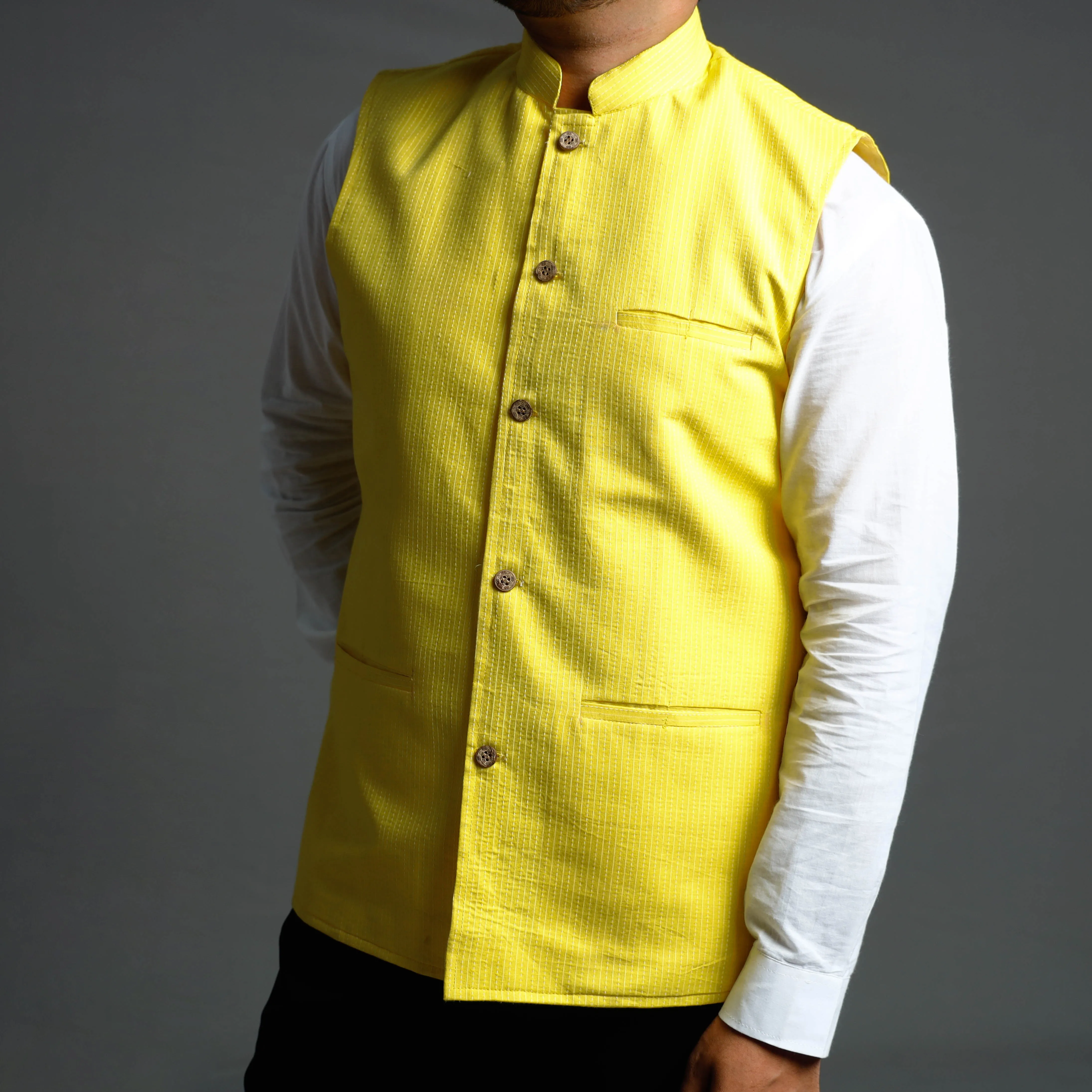 Yellow - Running Stitch Pure Cotton Men Nehru Jacket 18